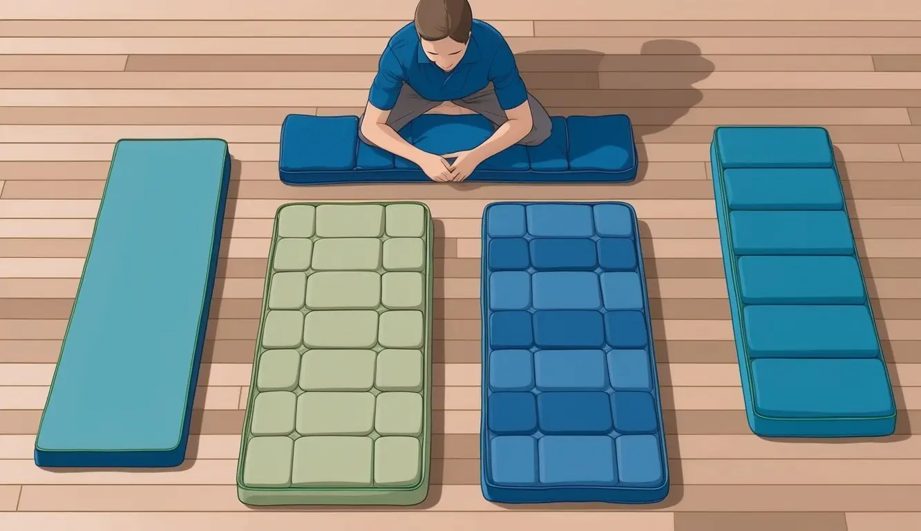A person laying out different shikibuton mattresses on the floor, comparing their thickness, materials, and overall comfort