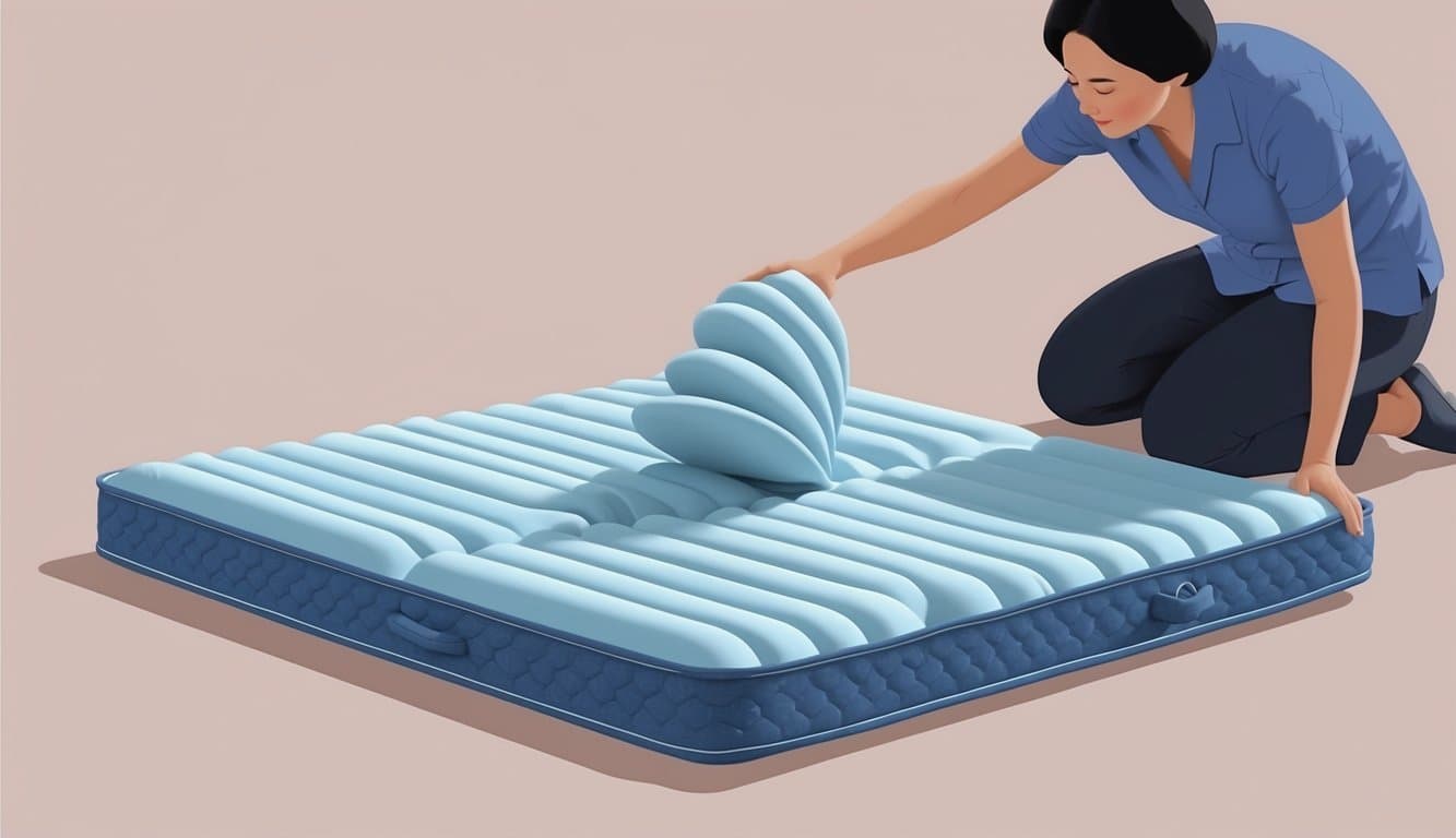 A person gently fluffing and rotating their shikibuton mattress to maintain its shape and ensure even wear