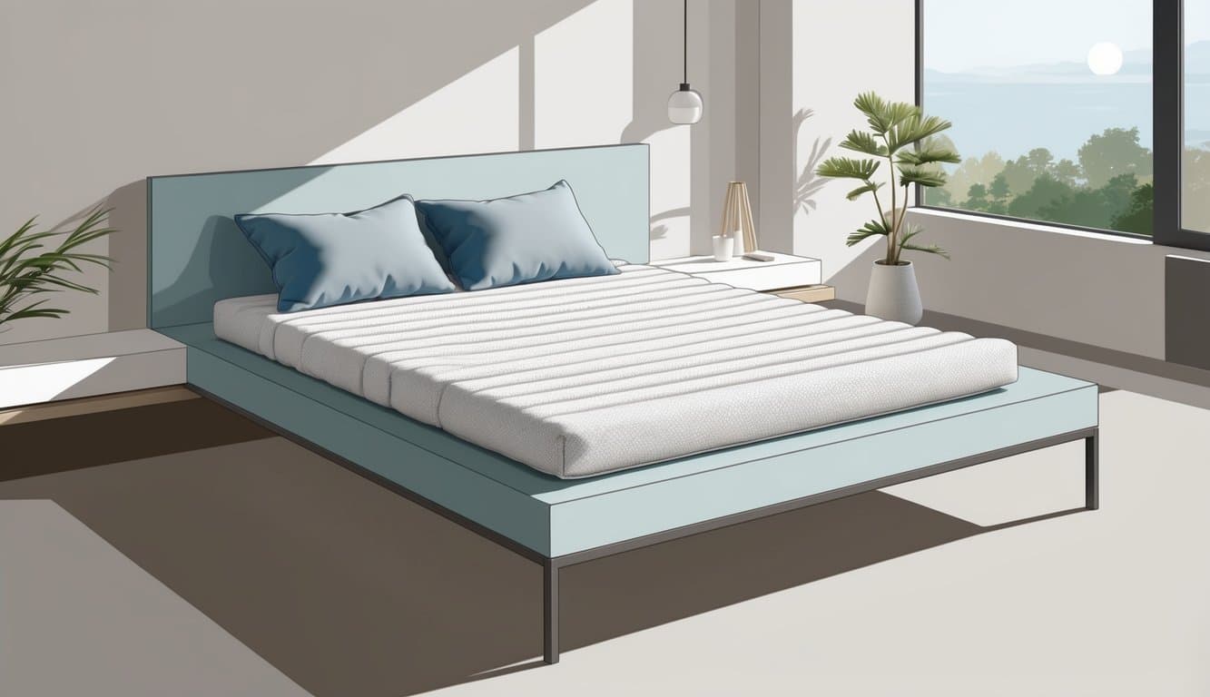 A cozy shikibuton mattress nestled on a minimalist platform bed in a serene Japanese-inspired bedroom with natural lighting and simple decor