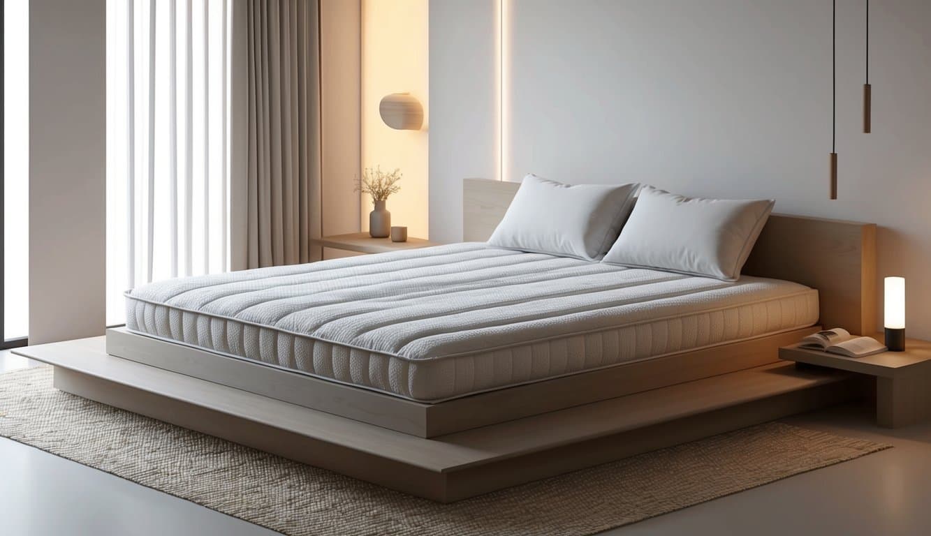 A cozy bedroom with a neatly made shikibuton mattress on a low platform bed, surrounded by minimalist decor and soft lighting