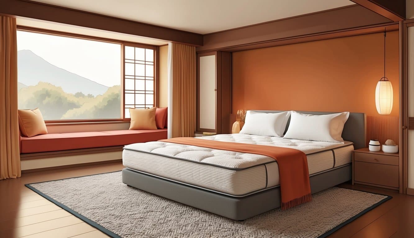An inviting bedroom with a neatly made bed featuring a shikibuton mattress, surrounded by warm, cozy decor and soft lighting