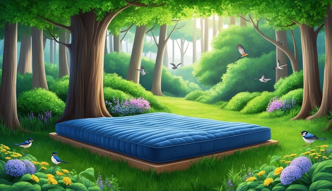 A lush green forest with a cozy shikibuton mattress nestled under a canopy of trees, surrounded by blooming wildflowers and chirping birds