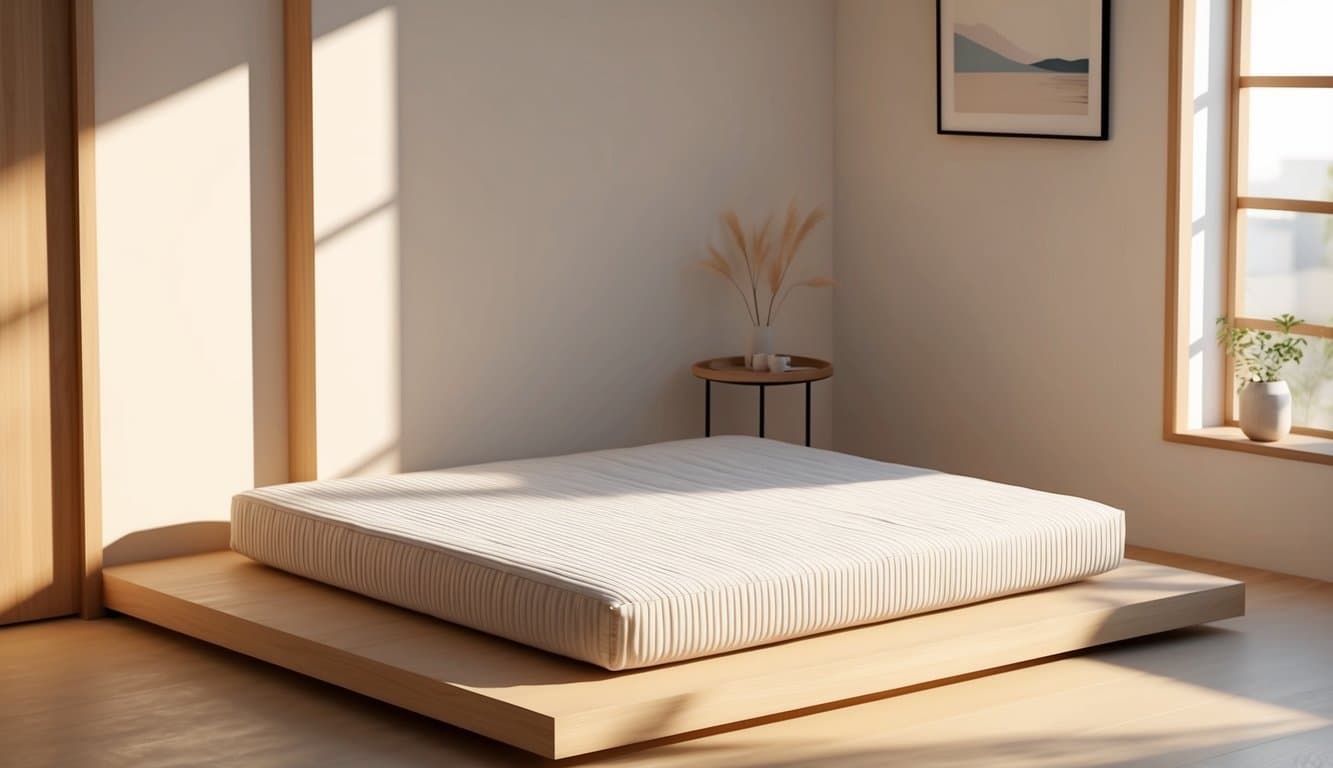 A cozy bedroom with a minimalist, Japanese-inspired shikibuton mattress placed on a low platform bed. The room is bathed in warm, natural light, with clean, uncluttered lines and a serene ambiance