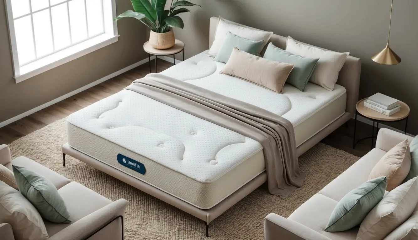 A serene bedroom with a comfortable, hypoallergenic mattress surrounded by soft, neutral-toned bedding and pillows