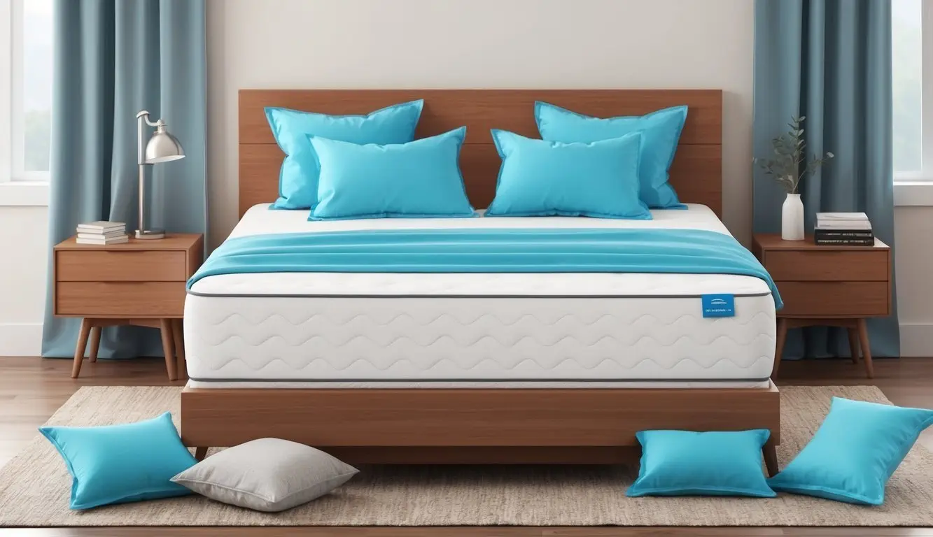 A bedroom with a clean, modern mattress surrounded by hypoallergenic bedding and pillows