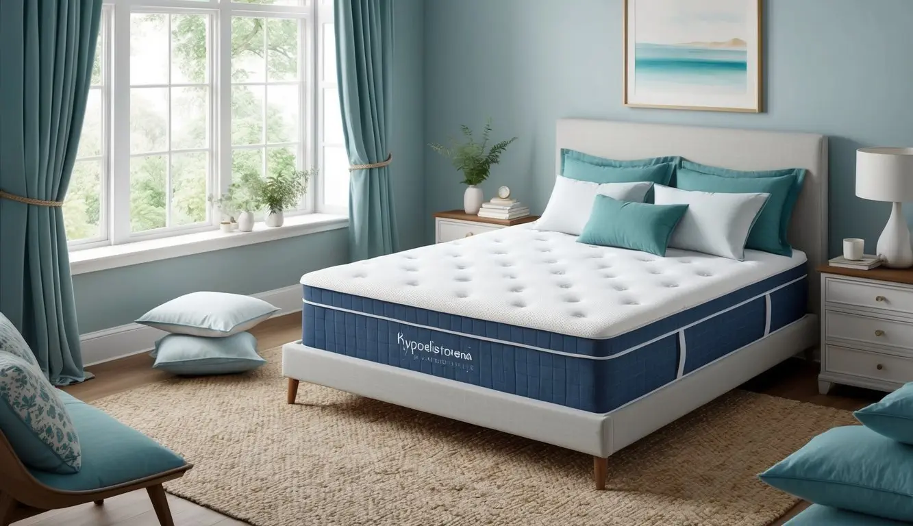 A serene bedroom with a hypoallergenic mattress, surrounded by allergy-free bedding and pillows