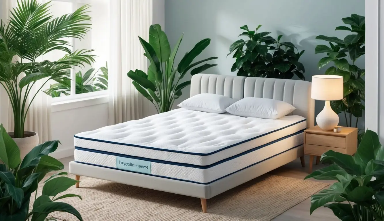 A serene bedroom with a hypoallergenic mattress surrounded by lush green plants and soft, natural lighting