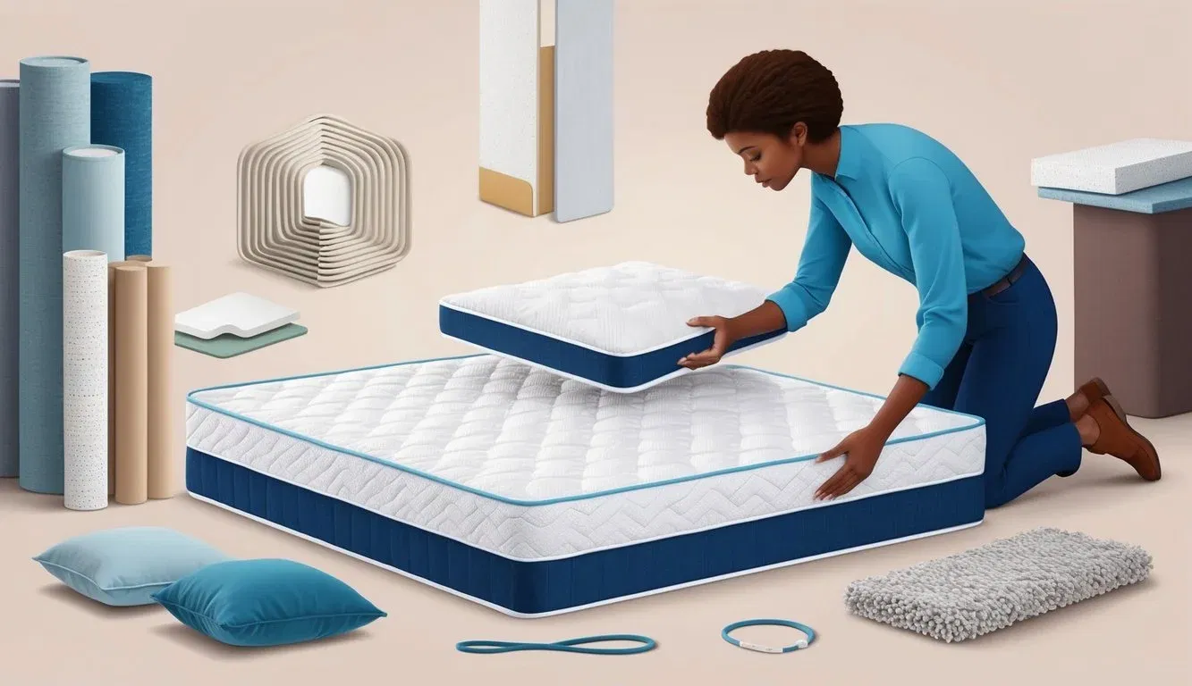 A person carefully examining a hypoallergenic mattress, surrounded by various options and materials, with a focus on comfort and allergy relief