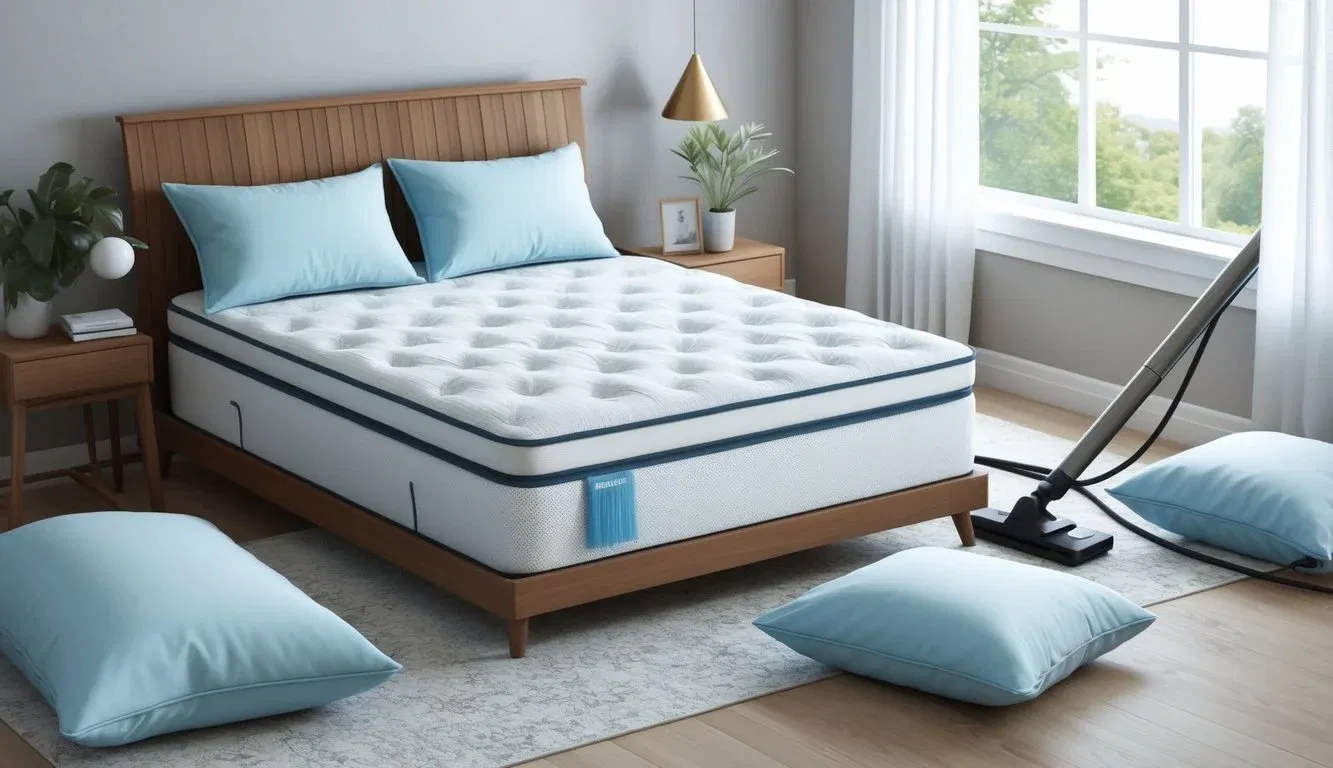 A serene bedroom with a hypoallergenic mattress being carefully vacuumed and wiped down, surrounded by hypoallergenic bedding and pillows