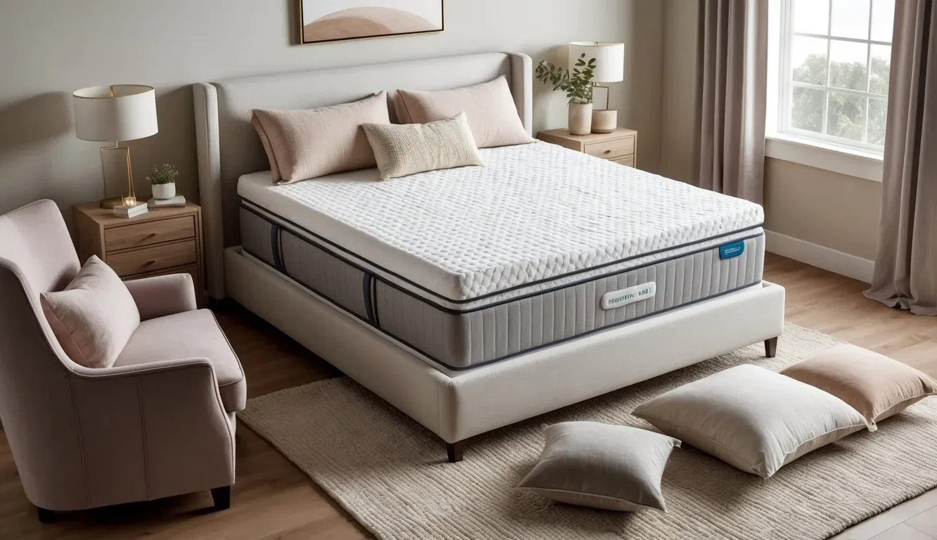 A cozy bedroom with a plush hypoallergenic mattress, surrounded by soft, complementary bedding options in soothing, neutral colors