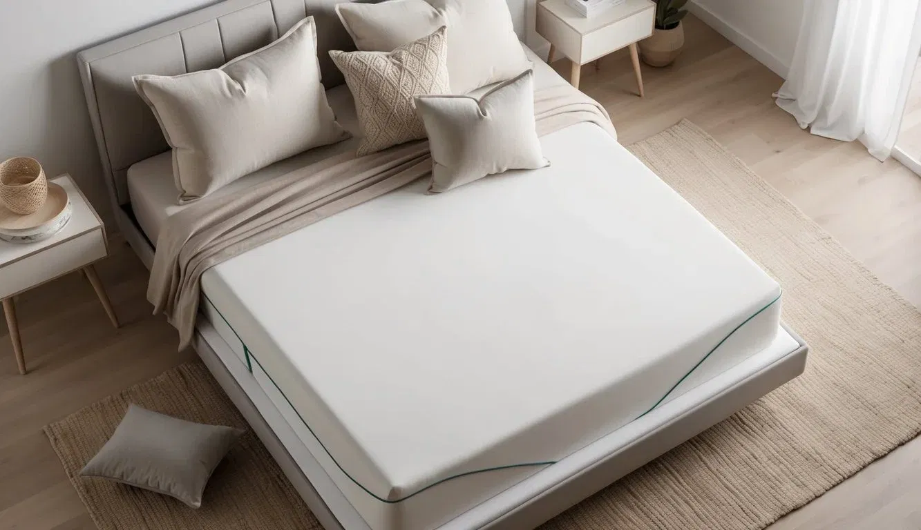 A serene bedroom with a pristine, hypoallergenic mattress surrounded by soft, neutral-toned bedding and a few decorative pillows