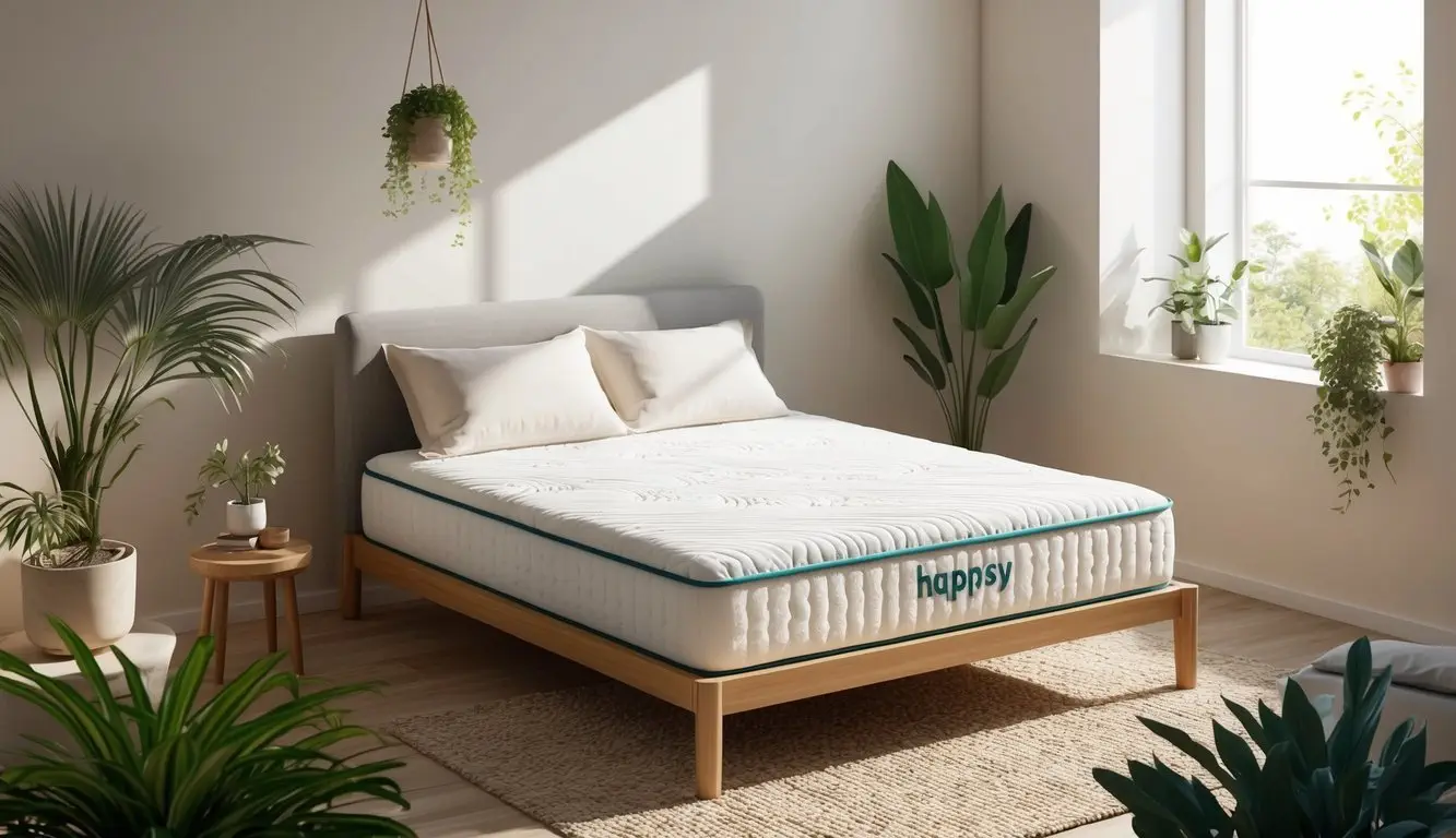 A serene bedroom with a Happsy mattress as the focal point, surrounded by natural elements like plants and sunlight streaming through the window