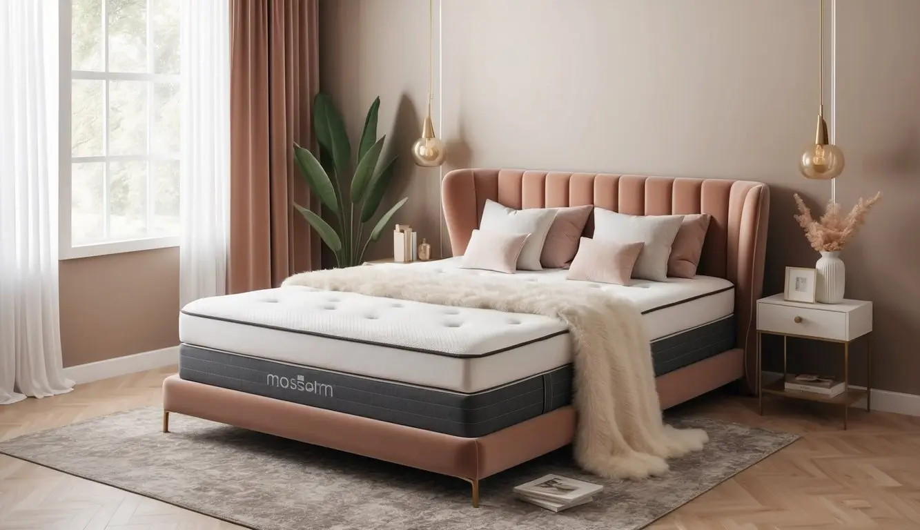 A cozy bedroom with a modern mattress surrounded by soft, fluffy pillows and a stylish bed frame