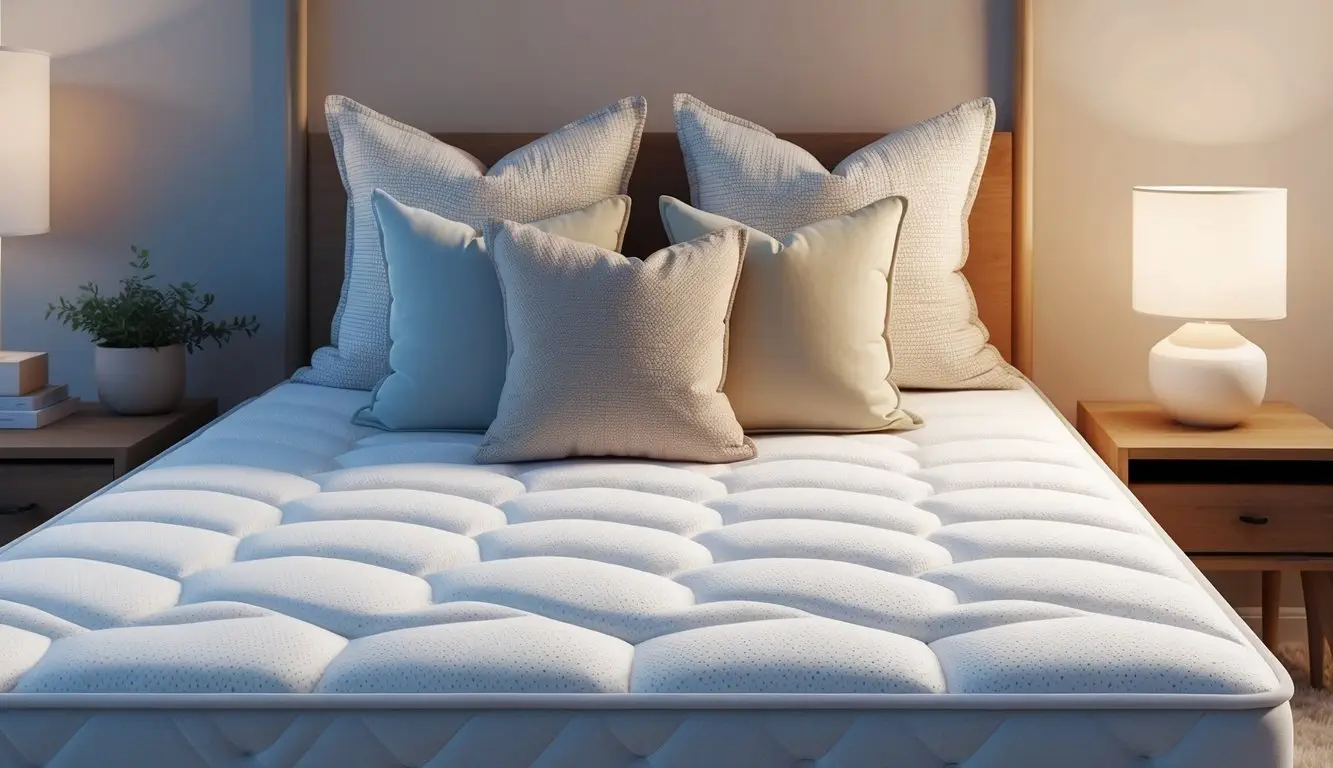 A serene bedroom with a neatly made bed featuring a Happsy mattress, surrounded by cozy pillows and soft lighting