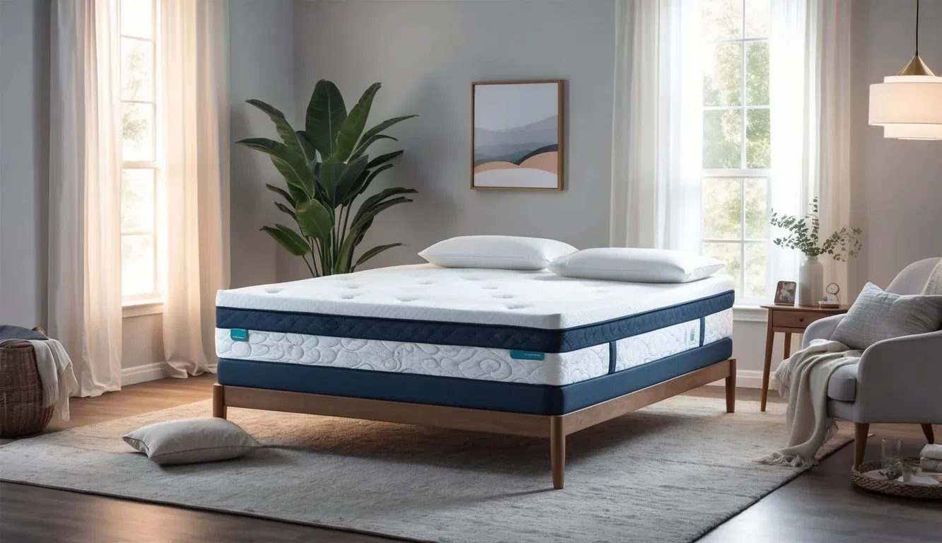 A mattress with built-in safety and health features, surrounded by a serene bedroom setting with soft lighting and cozy decor