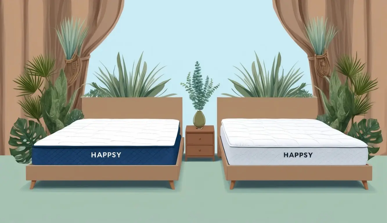 A serene bedroom with two mattresses side by side, one labeled "Happsy" and the other blank, surrounded by nature-inspired decor