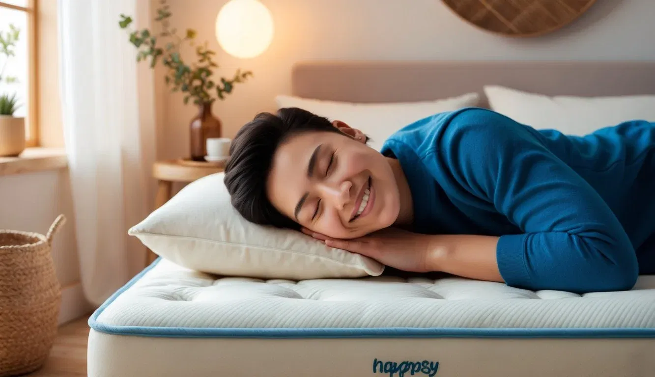 A smiling person sleeping peacefully on a Happsy mattress, surrounded by a cozy bedroom with soft lighting and natural decor