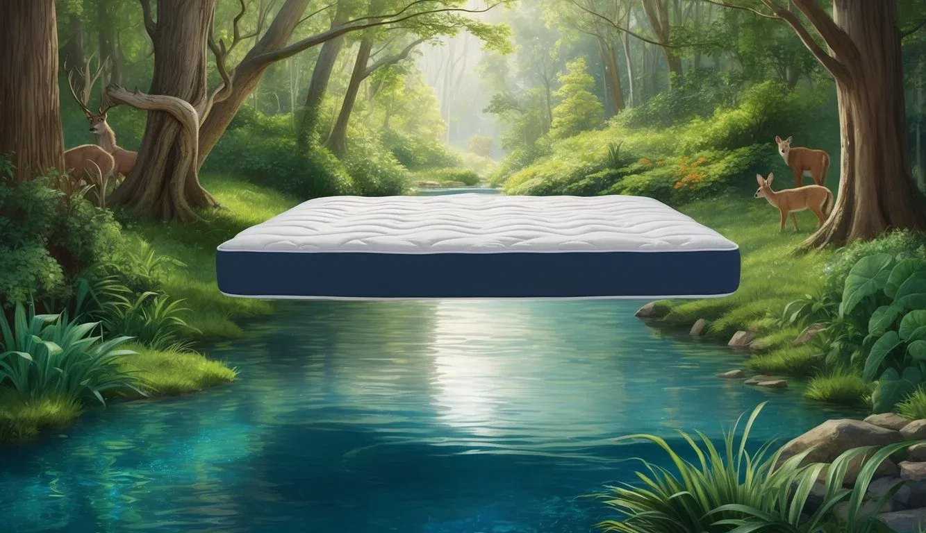 A serene forest with a mattress floating above a clear stream, surrounded by lush greenery and wildlife