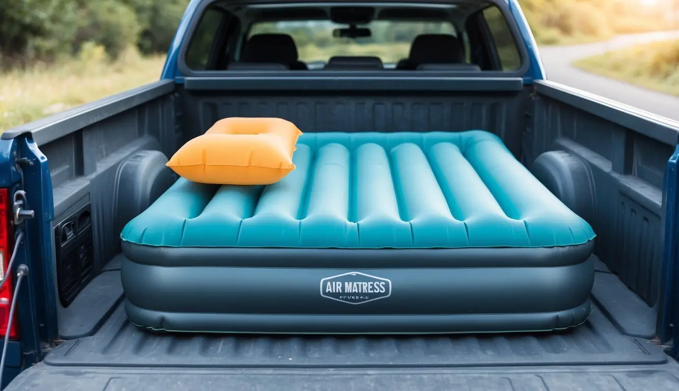 An air mattress inflated in the back of a truck, with a snug fit and durable material, ready for a comfortable night's sleep on the road
