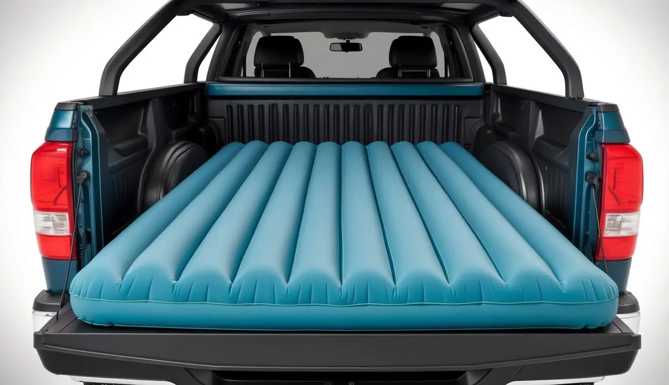 A truck air mattress inflated and fitted snugly in the back of a pickup truck, with strong and durable material and a comfortable sleeping surface