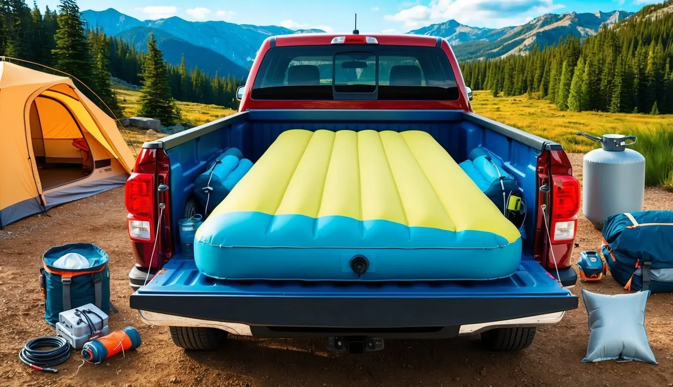 A truck bed with a fully inflated air mattress, surrounded by camping gear and a scenic outdoor backdrop