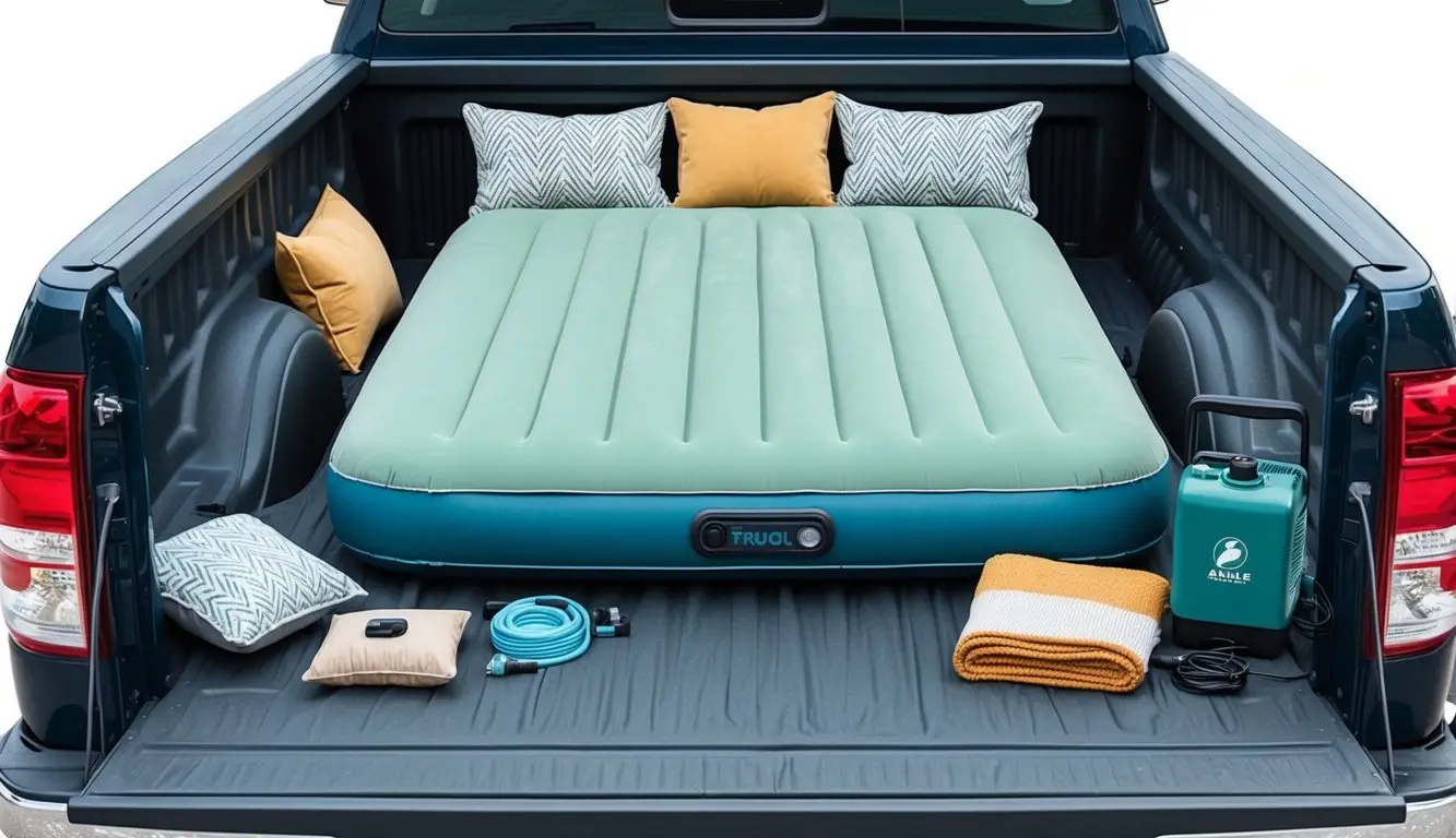 A truck bed with a fully inflated air mattress, surrounded by essential accessories and add-ons such as pillows, blankets, and a portable air pump