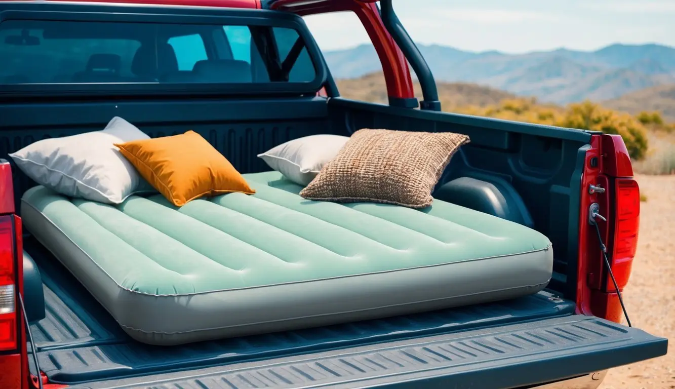 An air mattress inflated in the back of a truck, with pillows and blankets arranged neatly for comfort