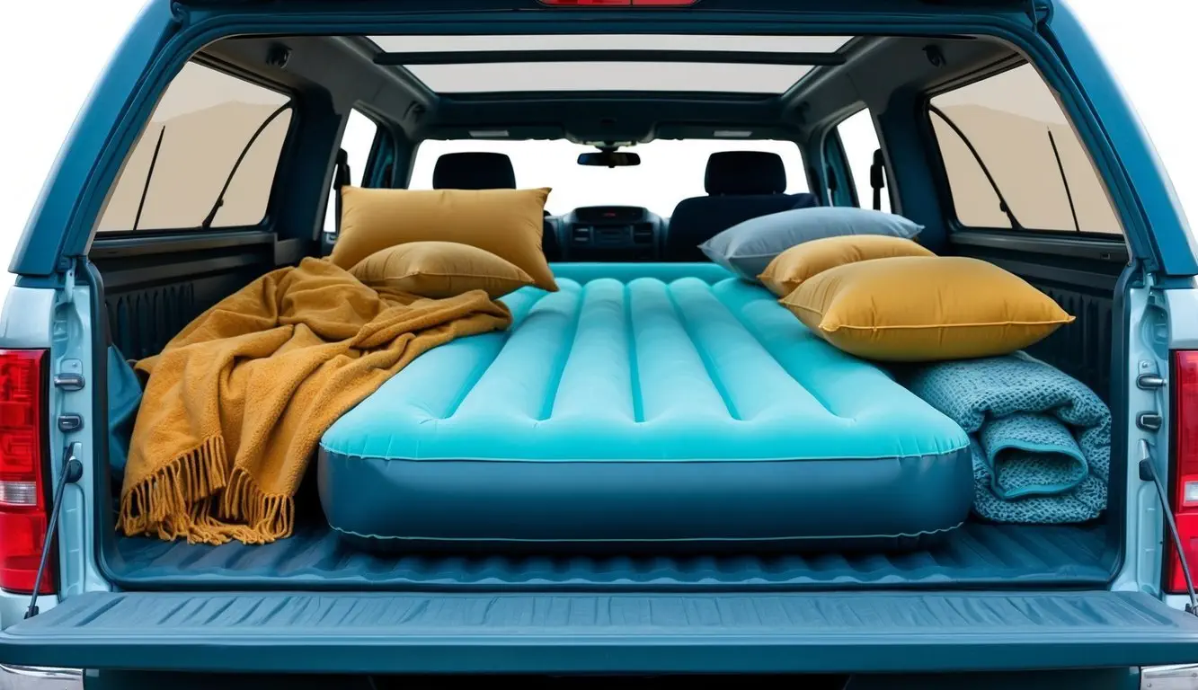 An air mattress inflated in the back of a truck, with pillows and blankets arranged for comfort