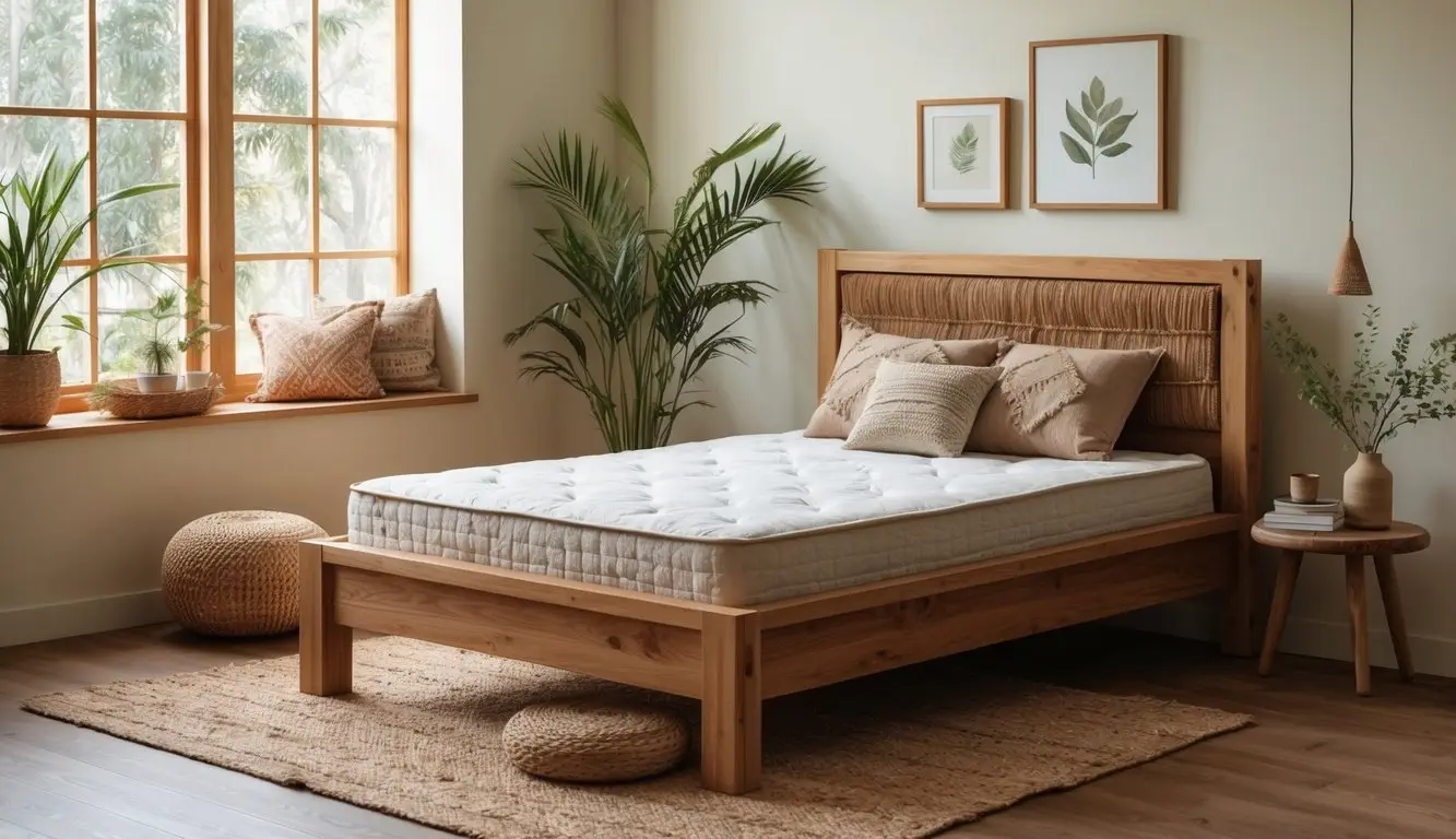 A cozy bedroom with a coir mattress on a sturdy bed frame, surrounded by natural and eco-friendly decor