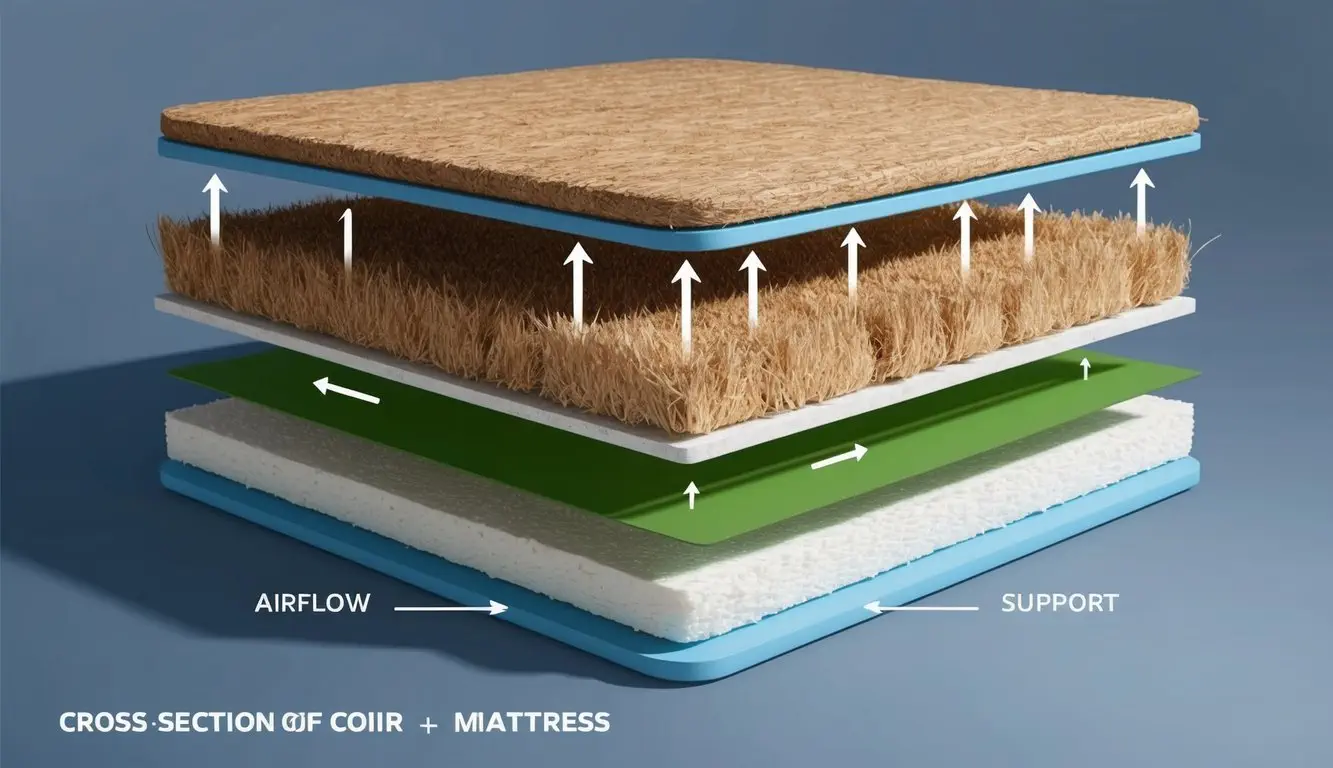 A cross-section view of a coir mattress, showing layers of coconut fiber and latex, with arrows indicating airflow and support