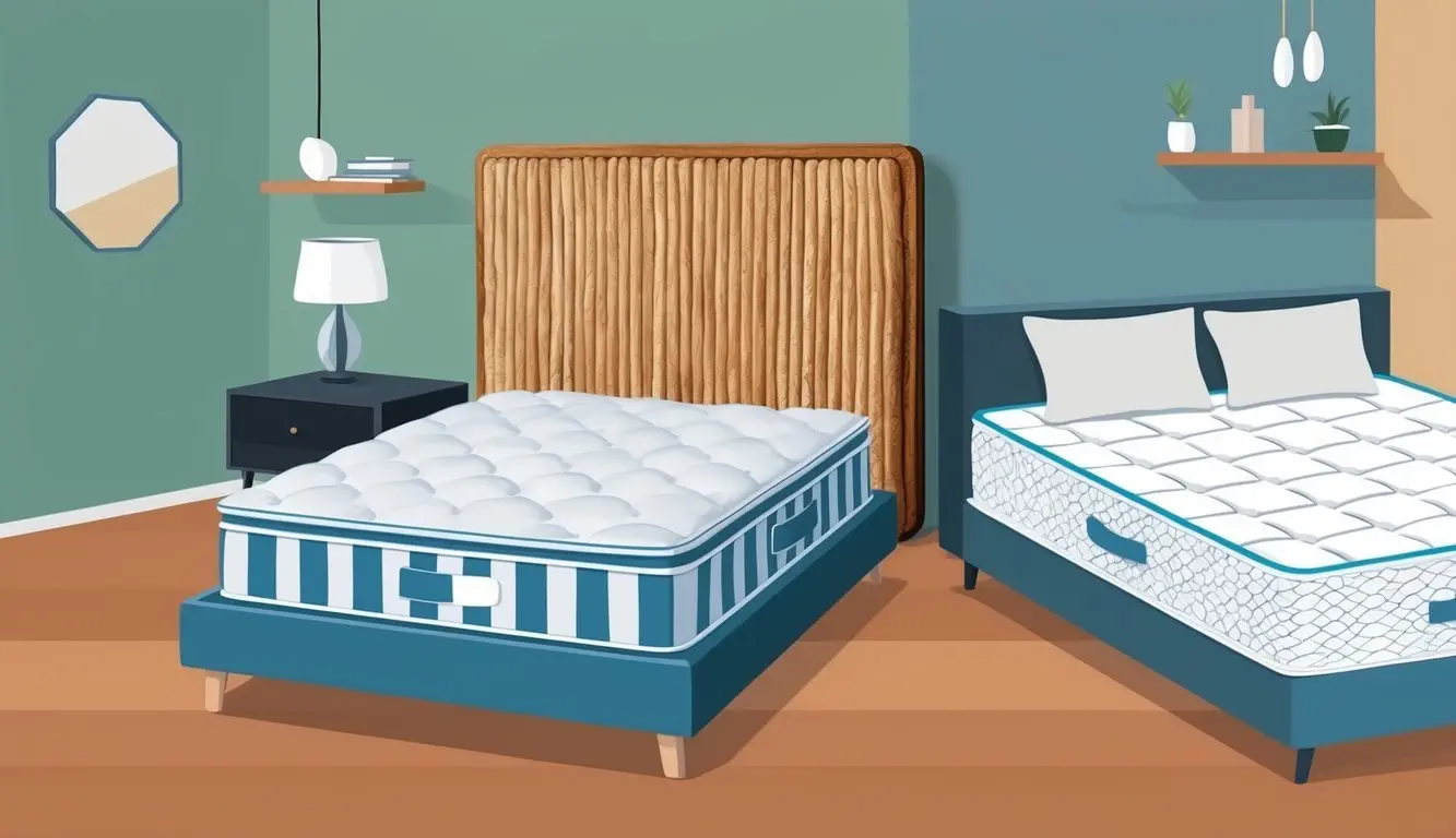 A bedroom with a coir mattress next to other types of mattresses for comparison