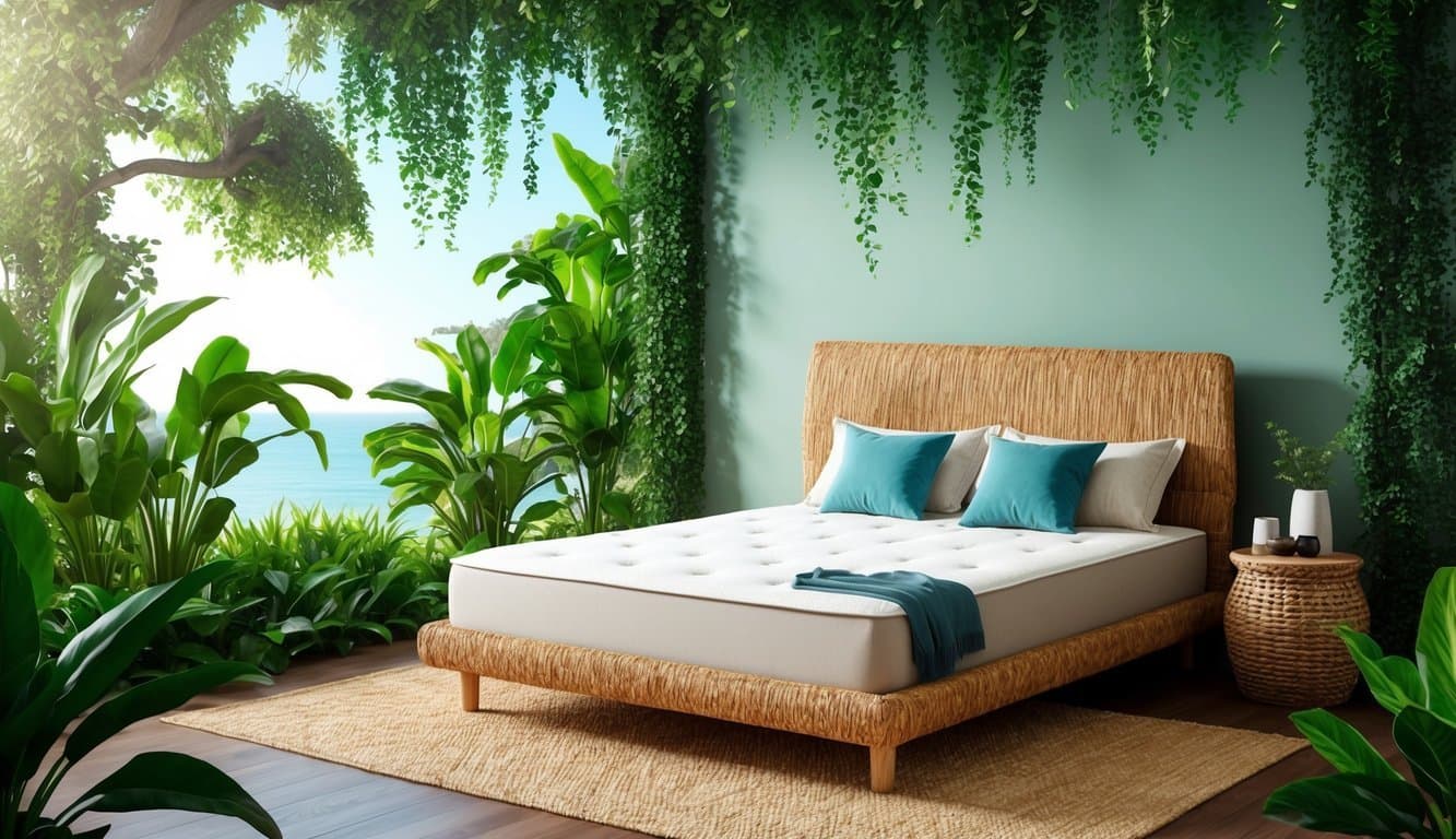 A serene bedroom with a coir mattress, surrounded by lush greenery, promoting relaxation and comfort