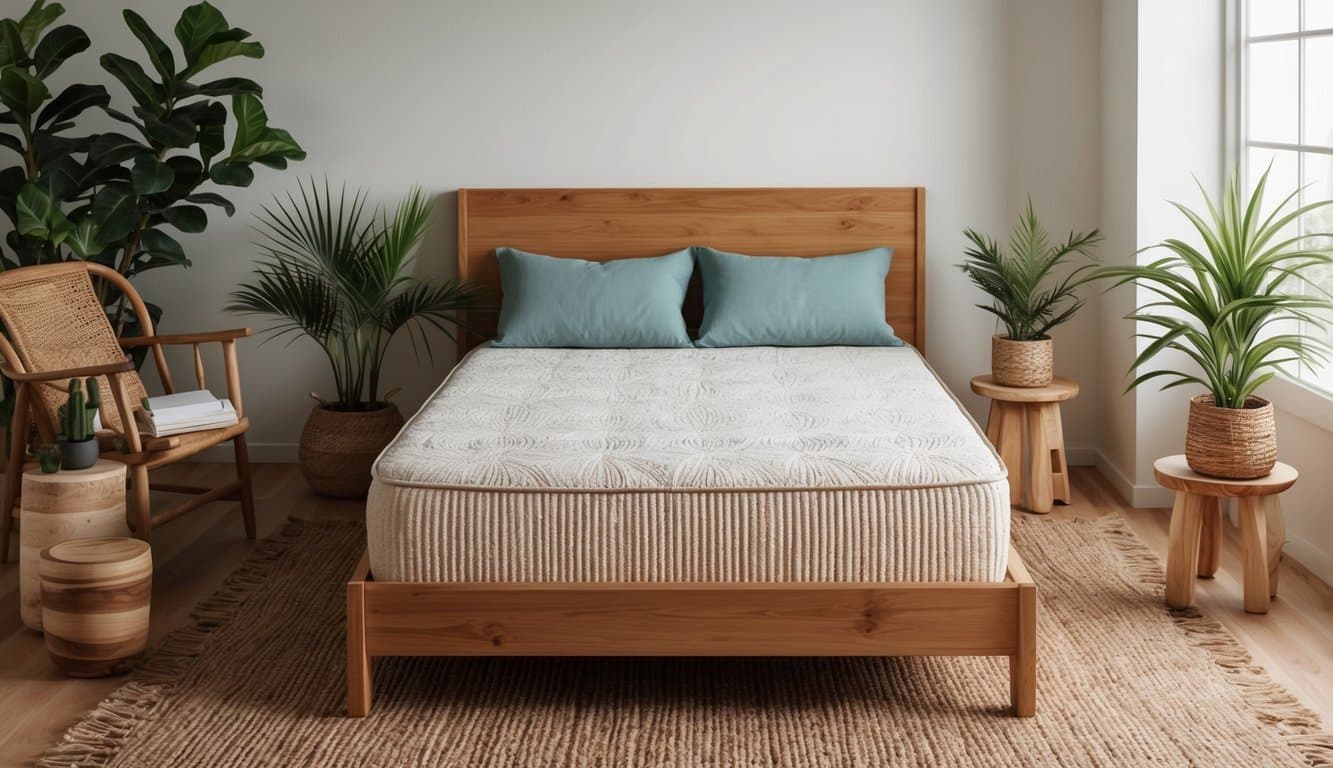 A cozy bedroom with a coir mattress as the focal point, surrounded by natural elements like plants and wood furniture