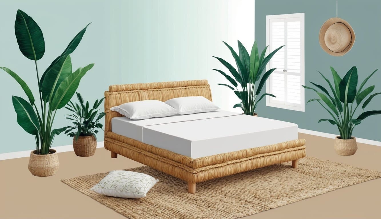 A peaceful bedroom with a coir mattress surrounded by plants and natural light