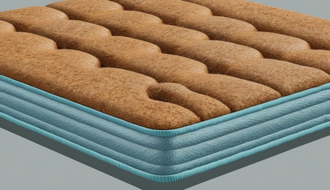 A coir mattress sags in the middle, with visible lumps and uneven surface