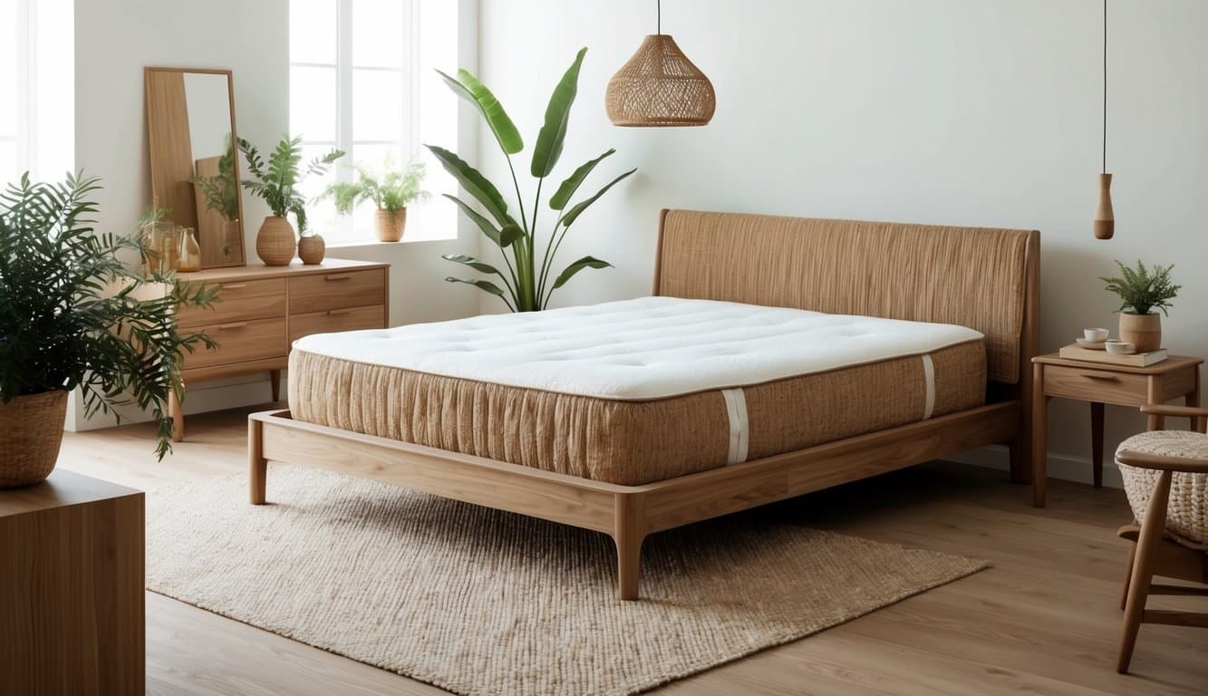 A serene bedroom with a coir mattress atop a sleek bed frame, surrounded by natural elements like plants and wooden furniture