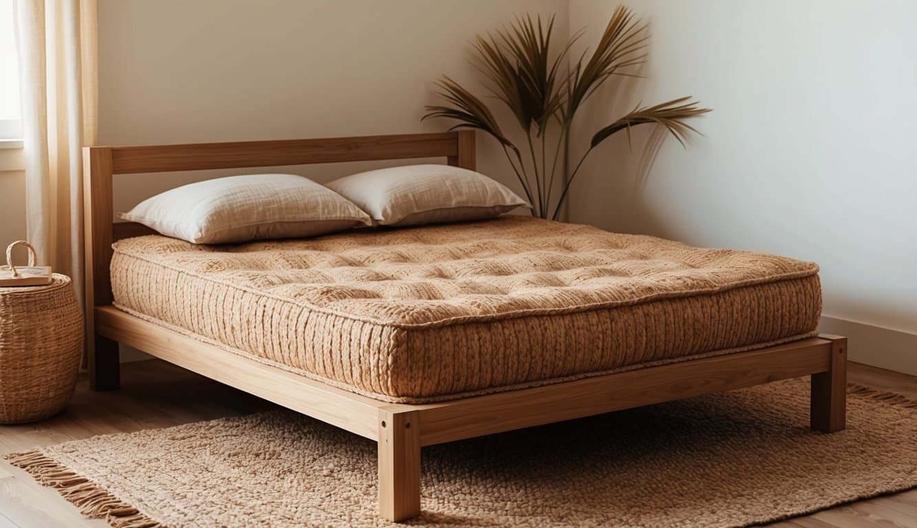 A cozy bedroom with a coir mattress placed on a sturdy bed frame. Soft lighting and natural decor create a peaceful atmosphere