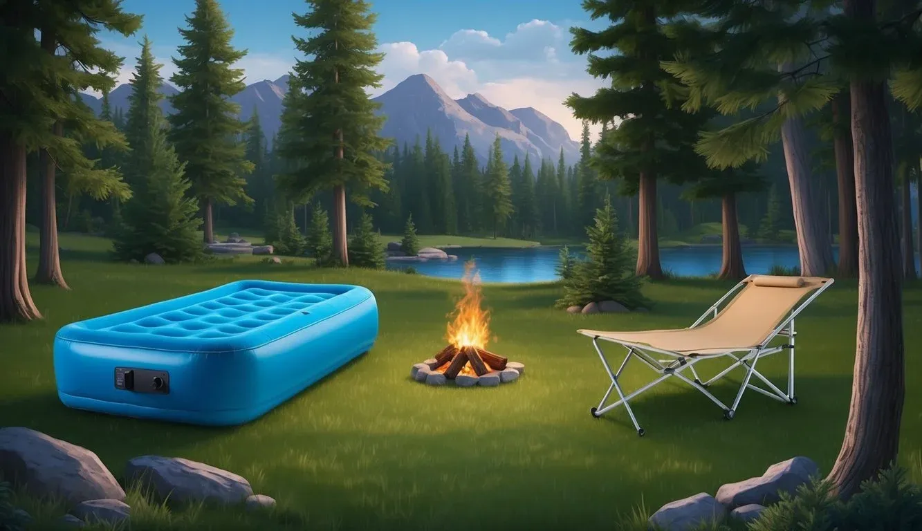An air mattress and camping cot sit side by side in a peaceful outdoor campsite, surrounded by tall trees and a crackling campfire