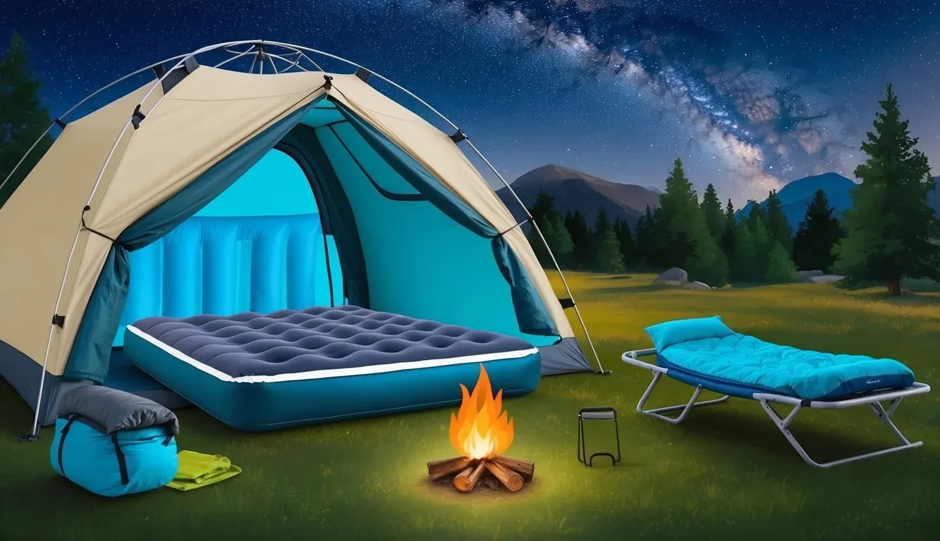 An air mattress inflated inside a spacious tent, while a cot is set up with a sleeping bag next to a campfire under the stars