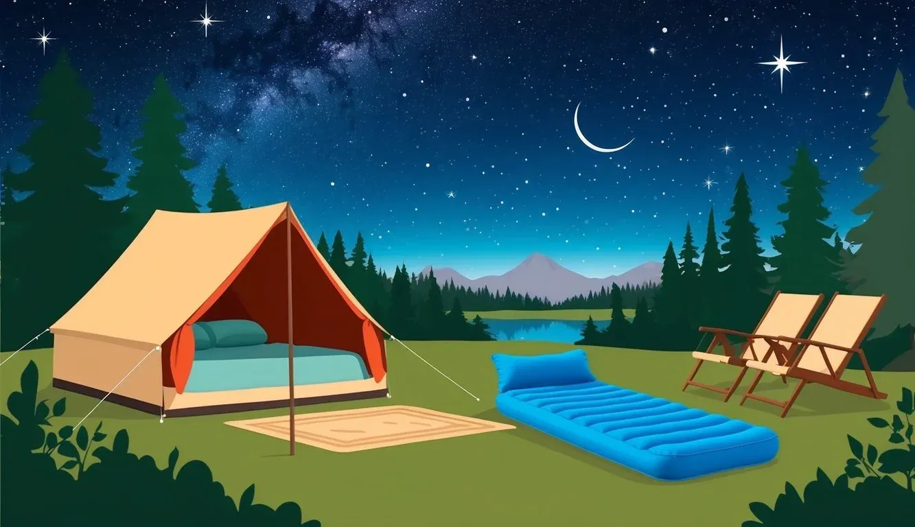 A cozy campsite with an air mattress and cot set up under a starry sky, surrounded by a peaceful forest