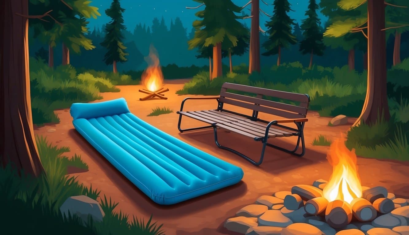 An air mattress and cot sit side by side in a campsite, surrounded by trees and a glowing campfire