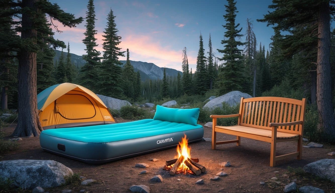 An air mattress and cot sit side by side in a rugged campsite, surrounded by tall trees and a crackling campfire. The air mattress is inflated and inviting, while the cot exudes sturdiness and reliability