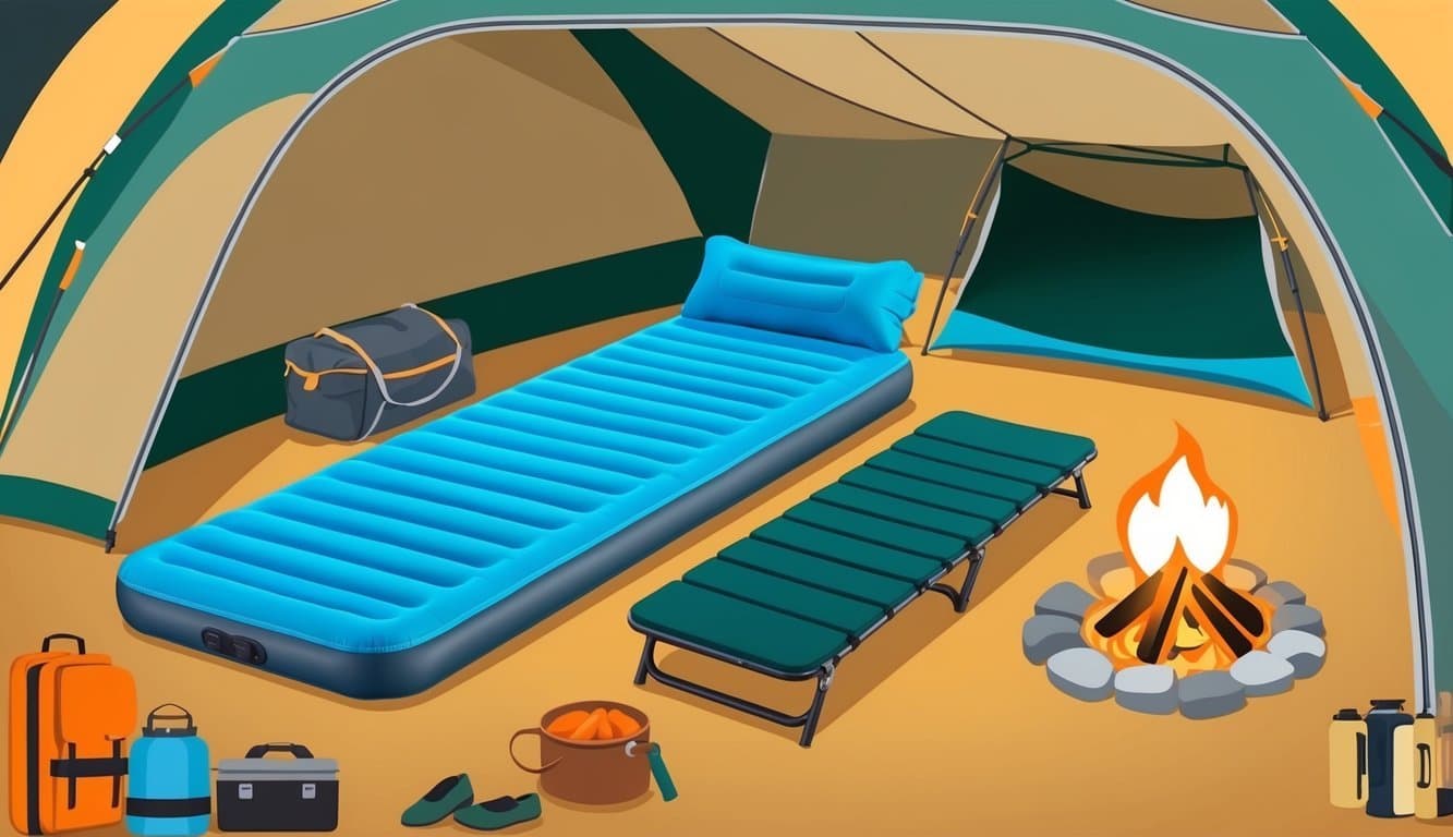 An air mattress and cot are set up side by side in a spacious tent, surrounded by camping gear and a warm, inviting campfire