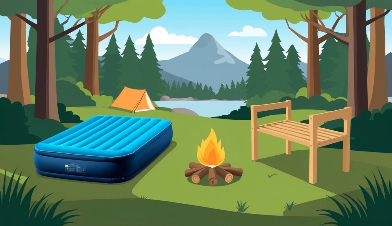 An air mattress and a cot sit side by side in a campsite, surrounded by trees and a glowing campfire. The air mattress is compact and lightweight, while the cot is sturdy and ready for use