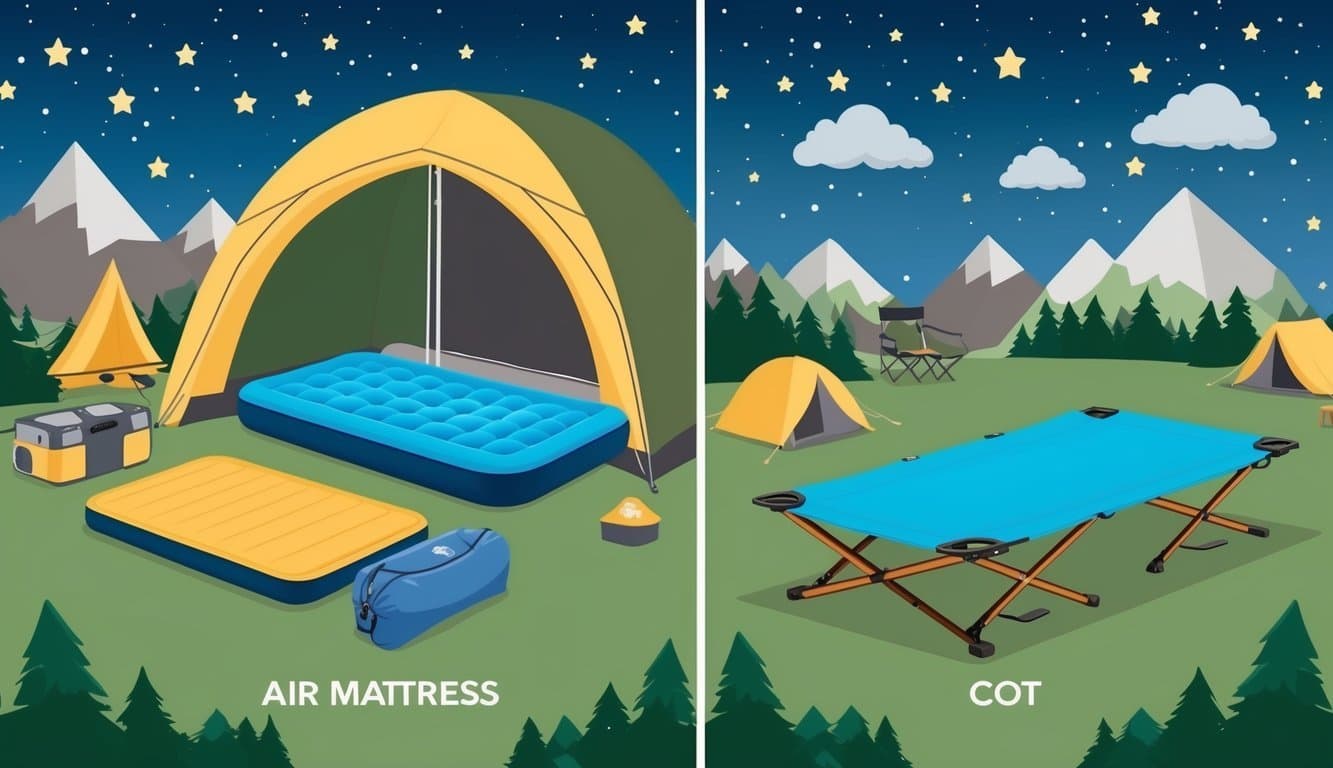 A campsite with a variety of campers and conditions. One side shows an air mattress set up in a tent, while the other side shows a cot set up under the stars