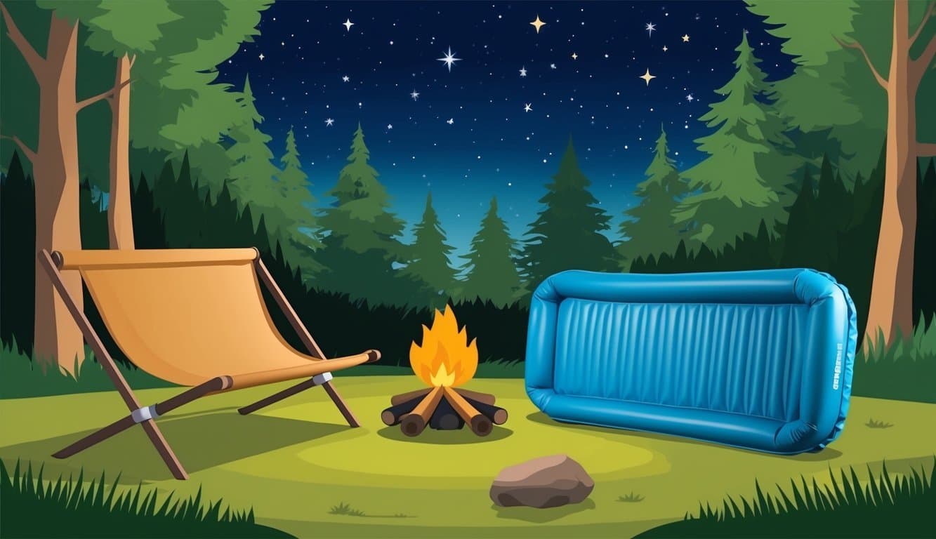 A camping scene with a folded cot and deflated air mattress next to a campfire, surrounded by trees and a starry night sky
