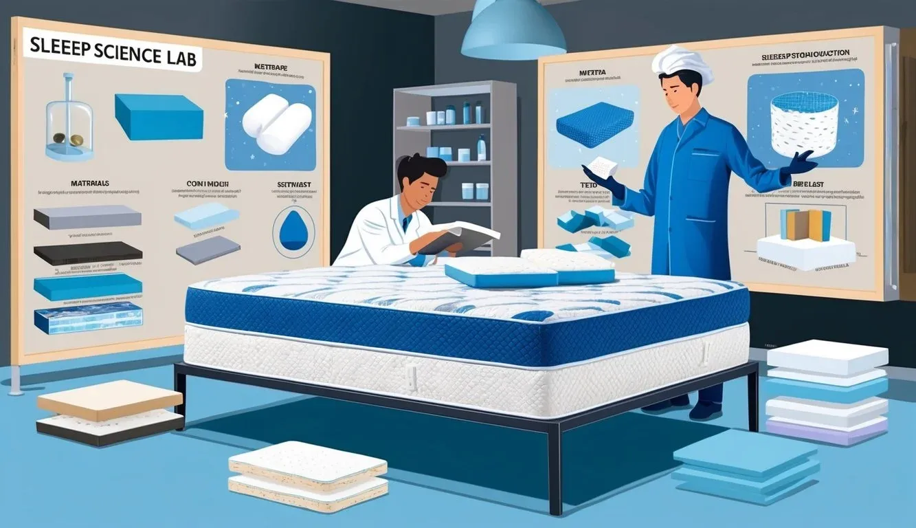 A mattress being tested in a sleep science lab with various materials and construction techniques displayed around it for review