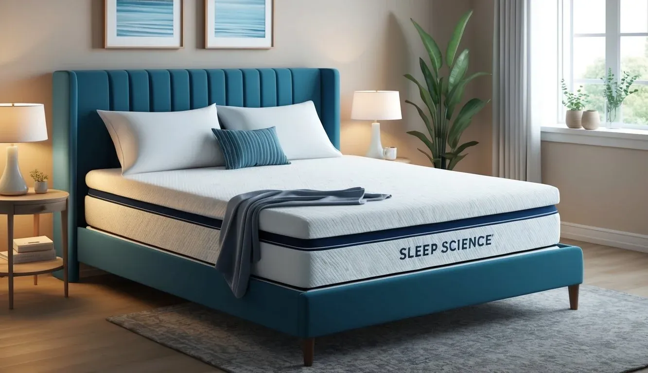 A serene bedroom with a neatly made bed, adorned with a sleep science mattress. A peaceful atmosphere with soft lighting and a cozy, inviting feel