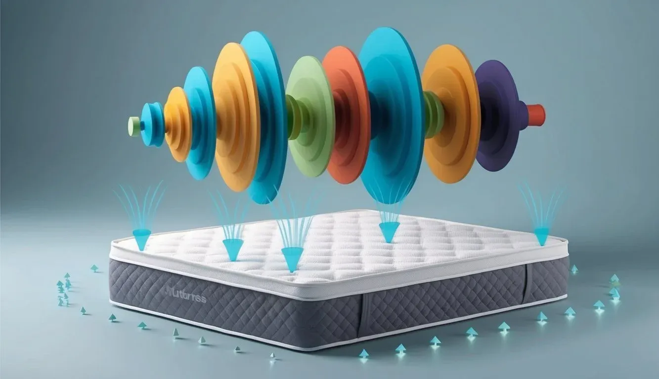 A mattress surrounded by sound waves being absorbed and blocked, showing motion isolation and noise reduction
