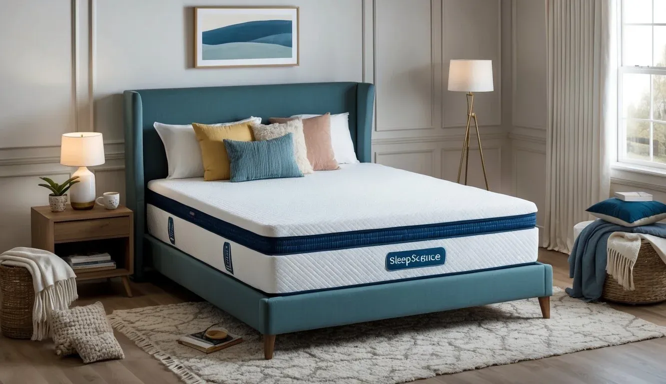 A cozy bedroom with a Sleep Science mattress as the focal point, surrounded by various accessories and additional products such as pillows, blankets, and a bedside table with a lamp